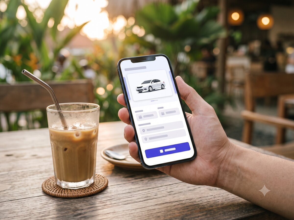 Renter's phone — branded booking page, price building live