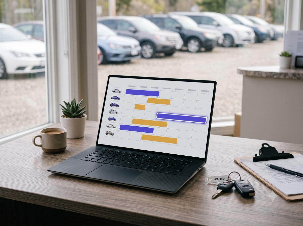 Fleet calendar — colored booking bars across three weeks