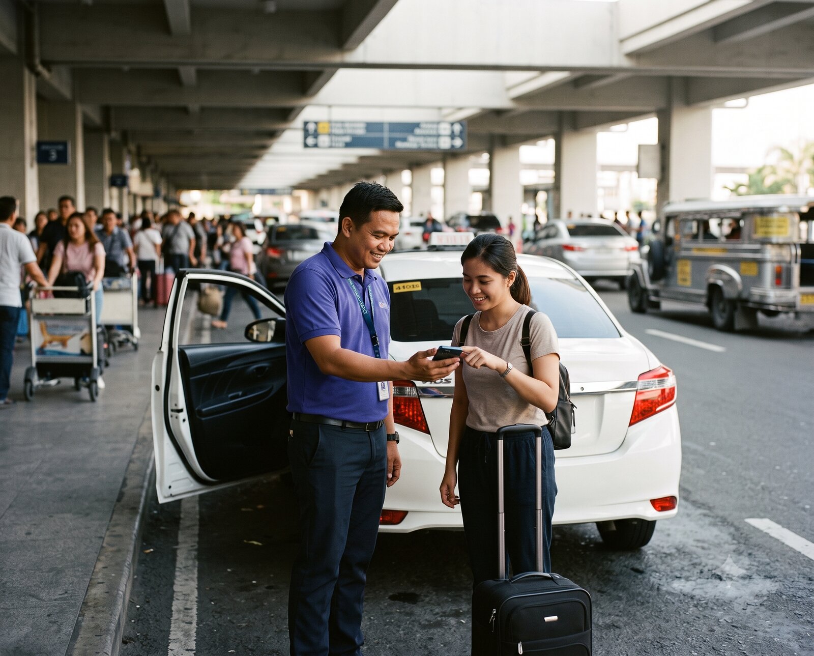Staff and renter co-signing the inspection on one phone, curbside