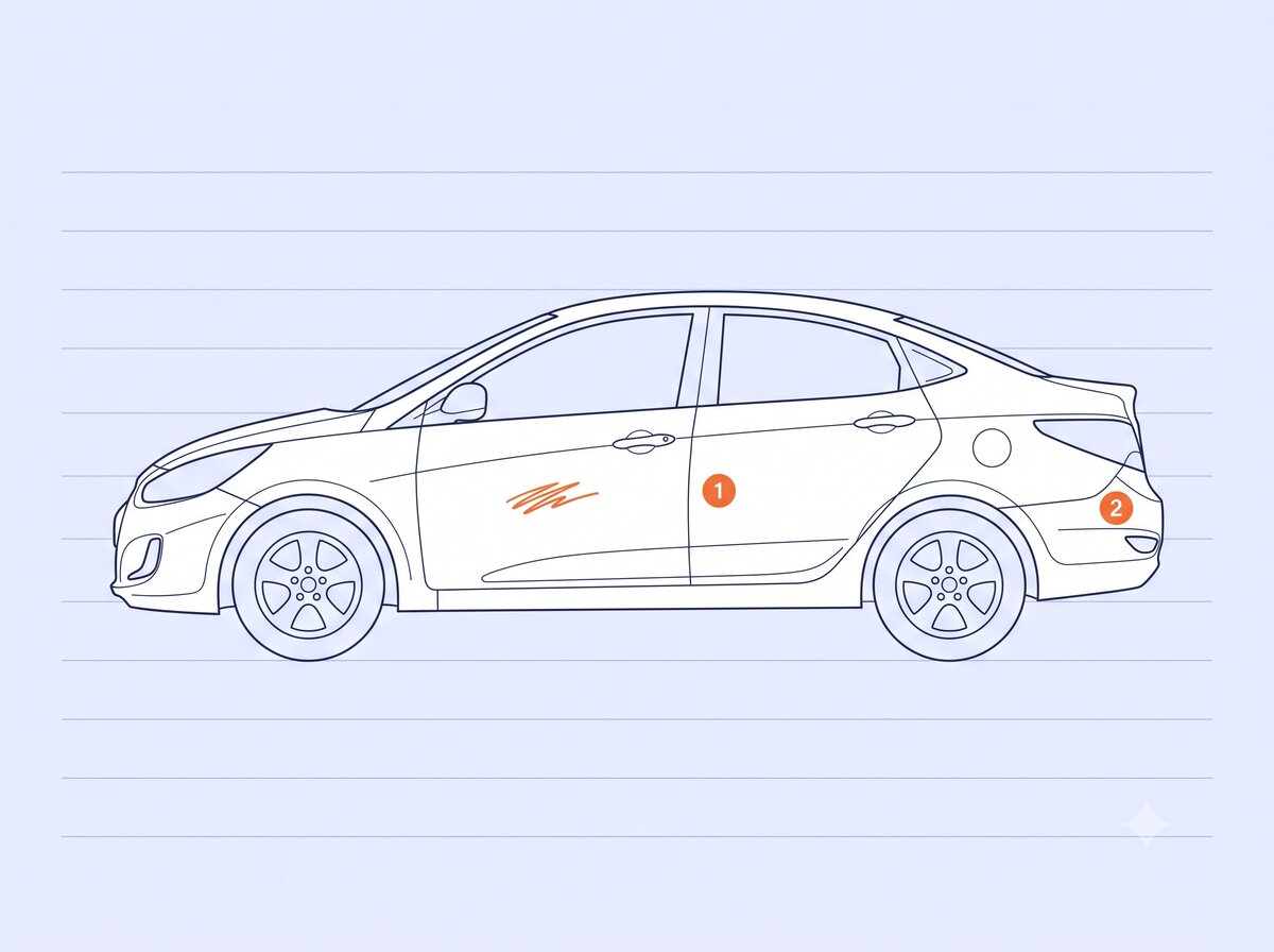 Annotated car diagram — two orange damage markers